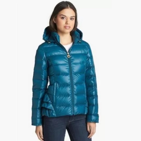 Betsey Johnson Jackets & Blazers - 👑🦚👑 Betsy Johnson Teal Lightweight Down Peplum Hooded Puffer Jacket Sz XS